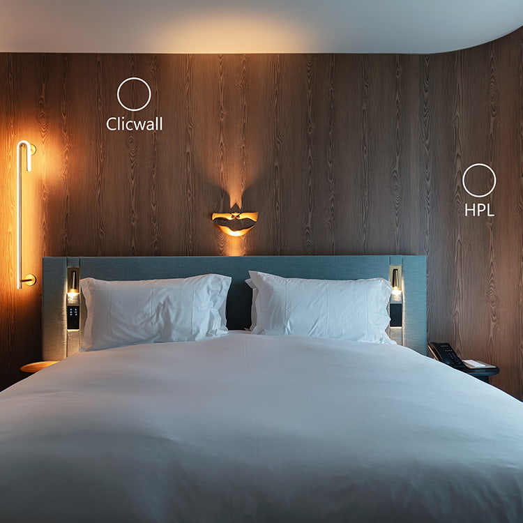 Clicwall wall panels in hotel bedroom